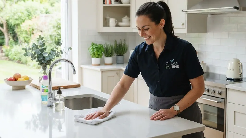 Клинер HouseClean протирает кухонный остров в светлой кухне