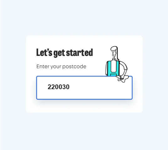Booking form asking you to enter your postcode, with 220053 typed in