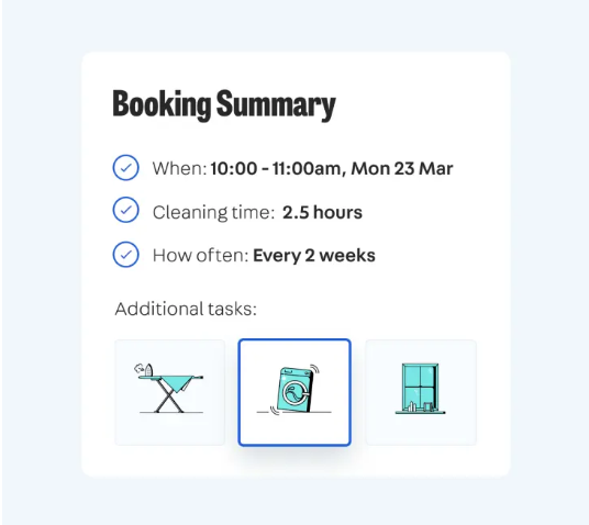 Booking summary showing the time, cleaning length, how often the clean repeats and optional extra tasks